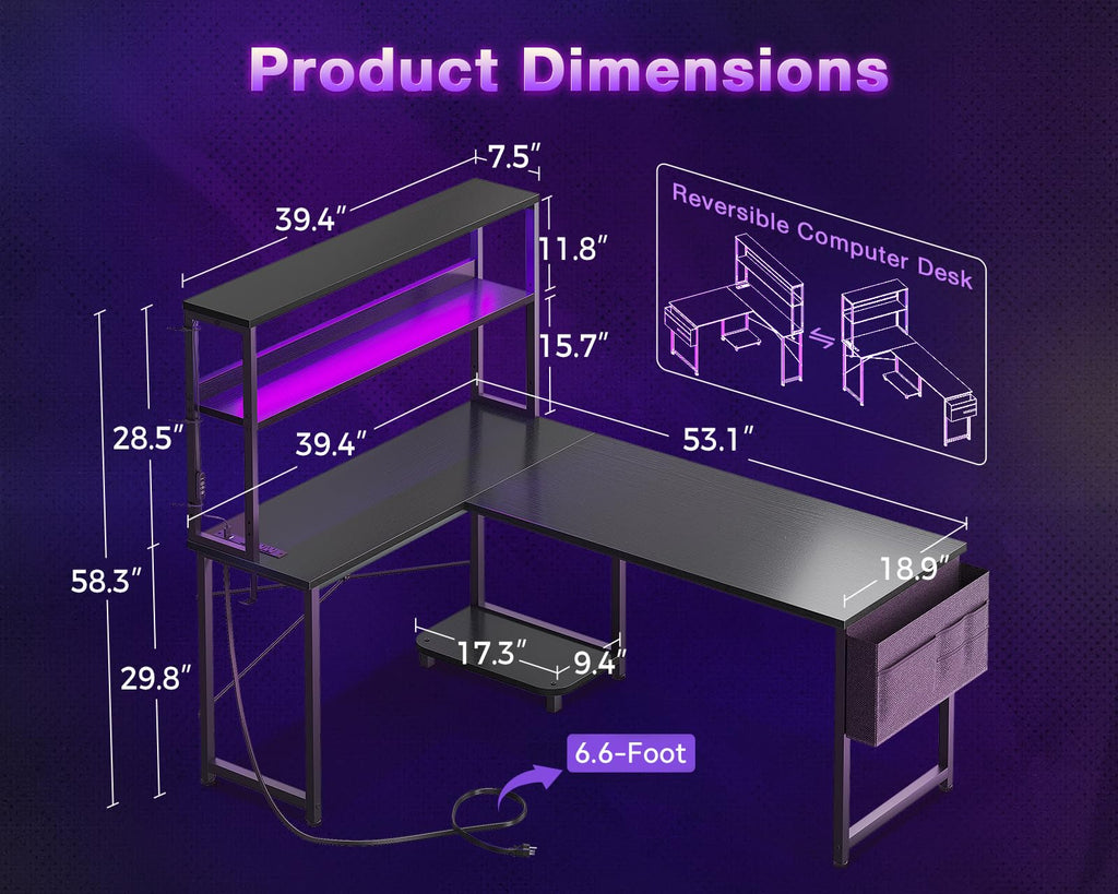 ODK 53" L-Shaped Gaming Desk with LED