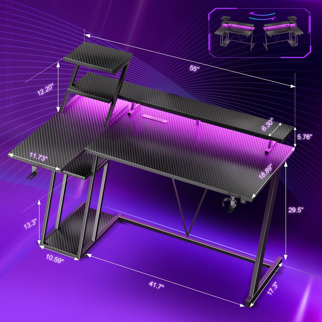 Korfile 40" L-Shaped Gaming Desk with LED