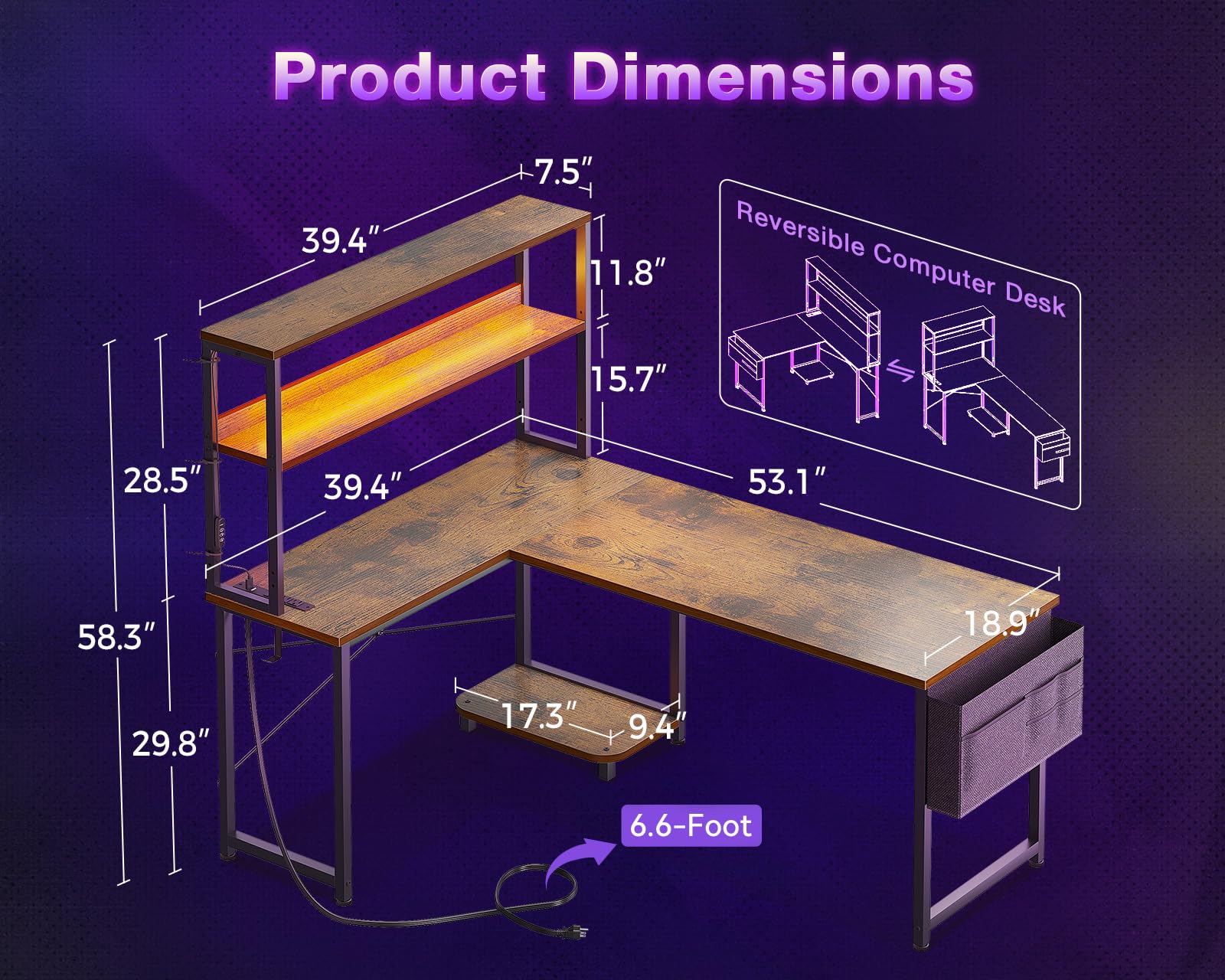 ODK 53" L-Shaped Gaming Desk with LED