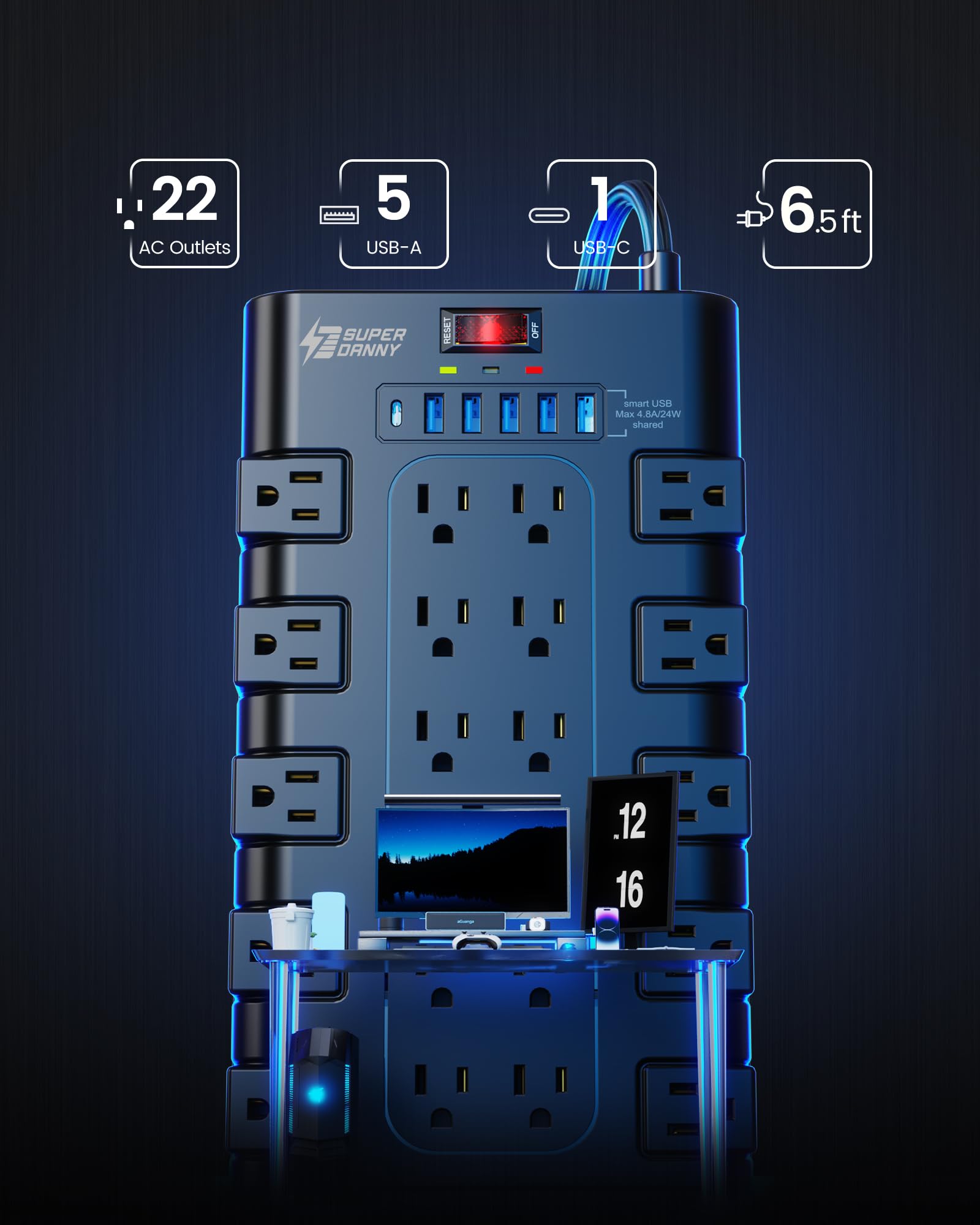 SUPERDANNY Power Strip Surge Protector
