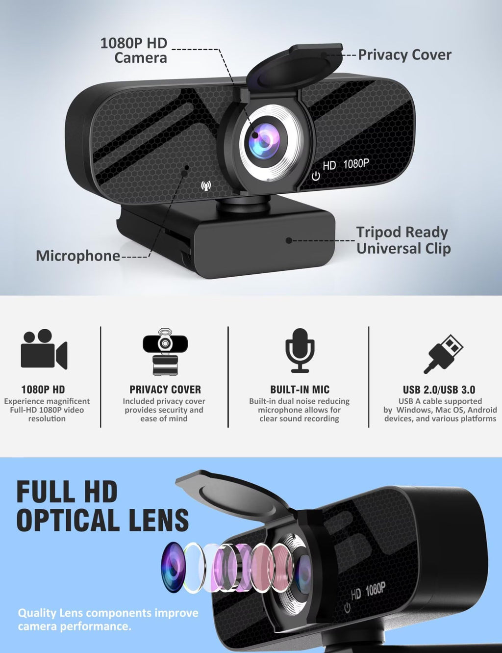 Tewiky Full HD Webcam with Microphone