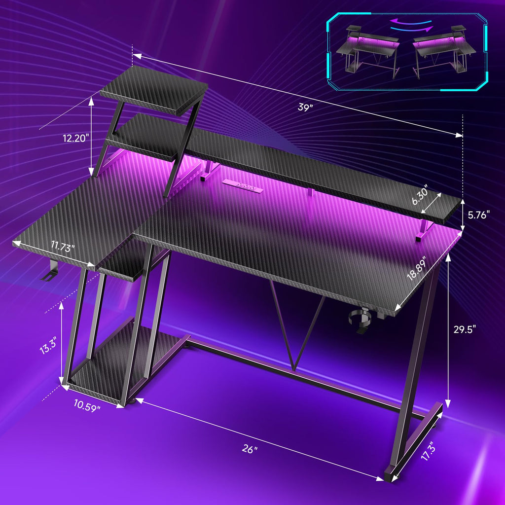 Korfile 40" L-Shaped Gaming Desk with LED